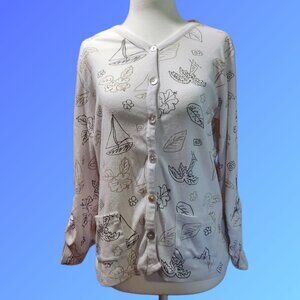 PALM GROVE White Cardigan Sail Boats & Palm Trees Graphics Size Small